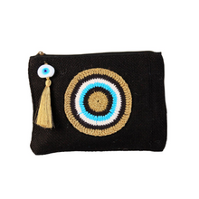Load image into Gallery viewer, Nazar Jute Pouch with gold evil eye on black