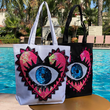 Load image into Gallery viewer, Canvas Sequins Pink Heart Eye Bag
