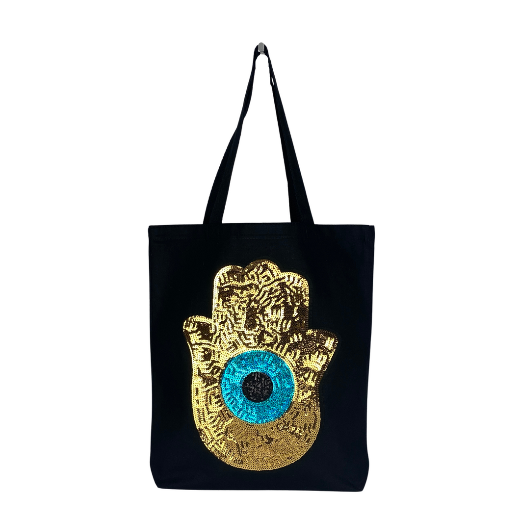 Canvas Large Sequins Hamsa Hand Tote Bags