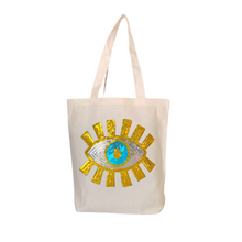 Load image into Gallery viewer, Evil Eye Canvas Tote Bag Gold White

