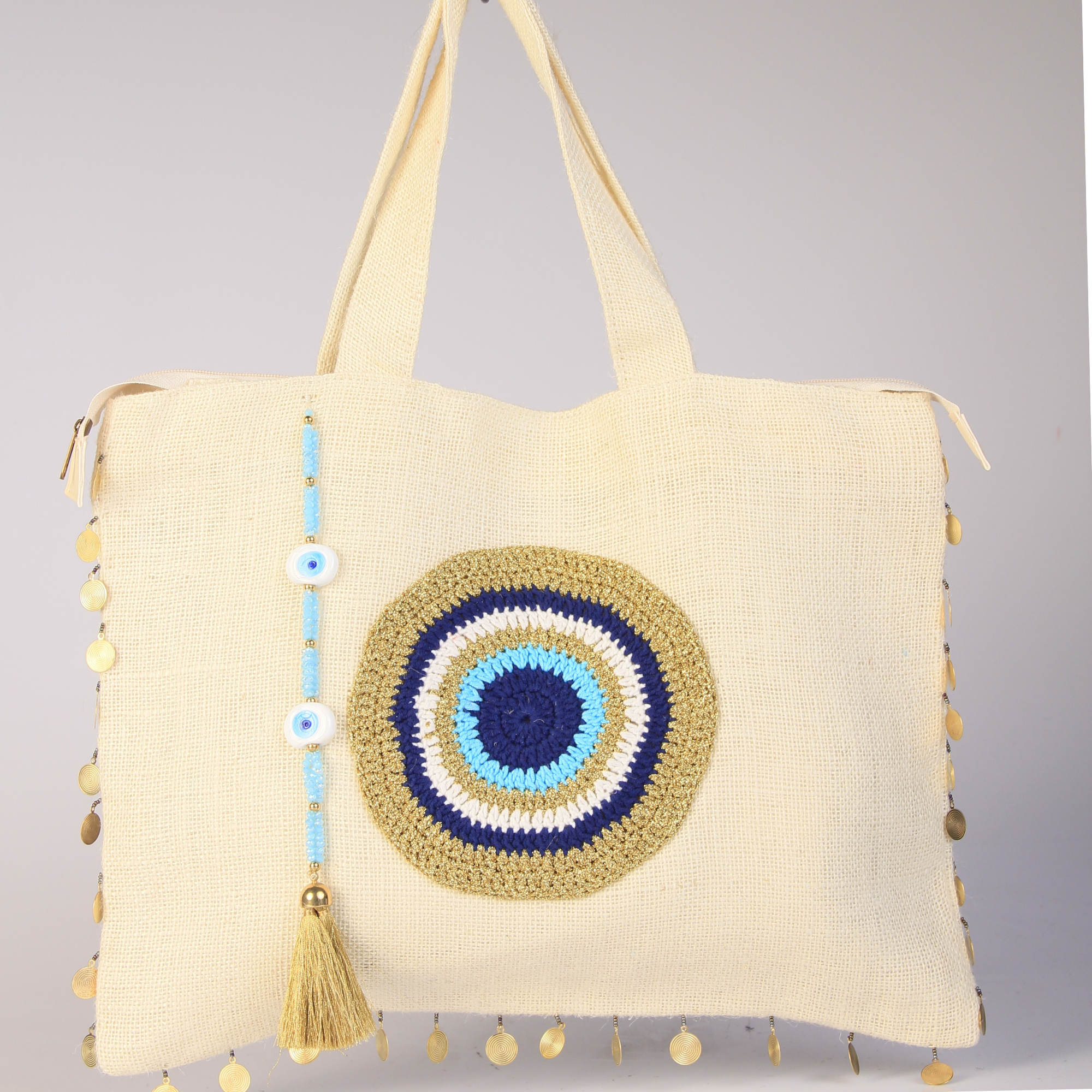 KarensLine Handmade Evil Eye Jute Small Clutch Pouch Bag Off-White Beach  Bag Zipper Gift Bag with Tassel