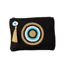 Load image into Gallery viewer, Nazar Jute Pouch with gold evil eye on black

