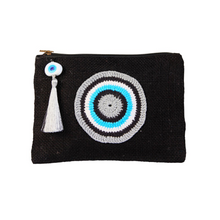 Load image into Gallery viewer, Nazar Jute Pouch with silver evil eye on black
