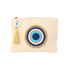 Load image into Gallery viewer, Nazar Jute Pouch with evil eye motif on ivory
