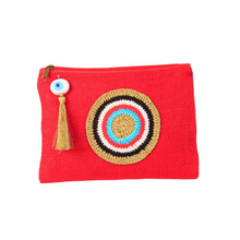 Load image into Gallery viewer, Nazar Jute Pouch with evil eye motif on red

