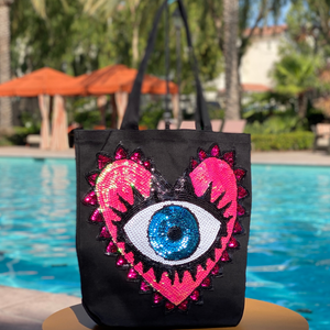 Canvas Sequins Pink Heart Eye Bag